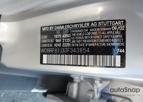 2003 Mercedes-Benz C 240 z USA, uszkodzony, nr VIN WDBRF61J33F343854